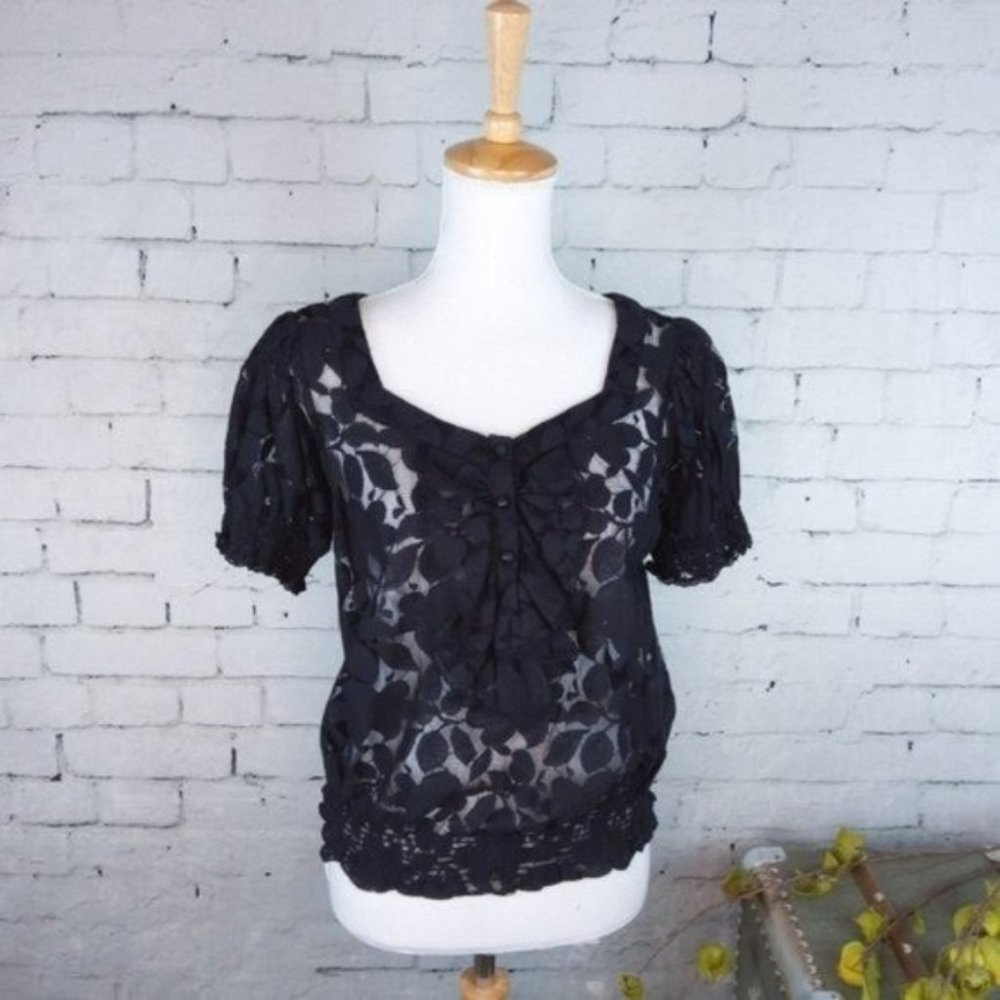 Floral Lace Ruffled Semi-sheer Blouson Top Black Small